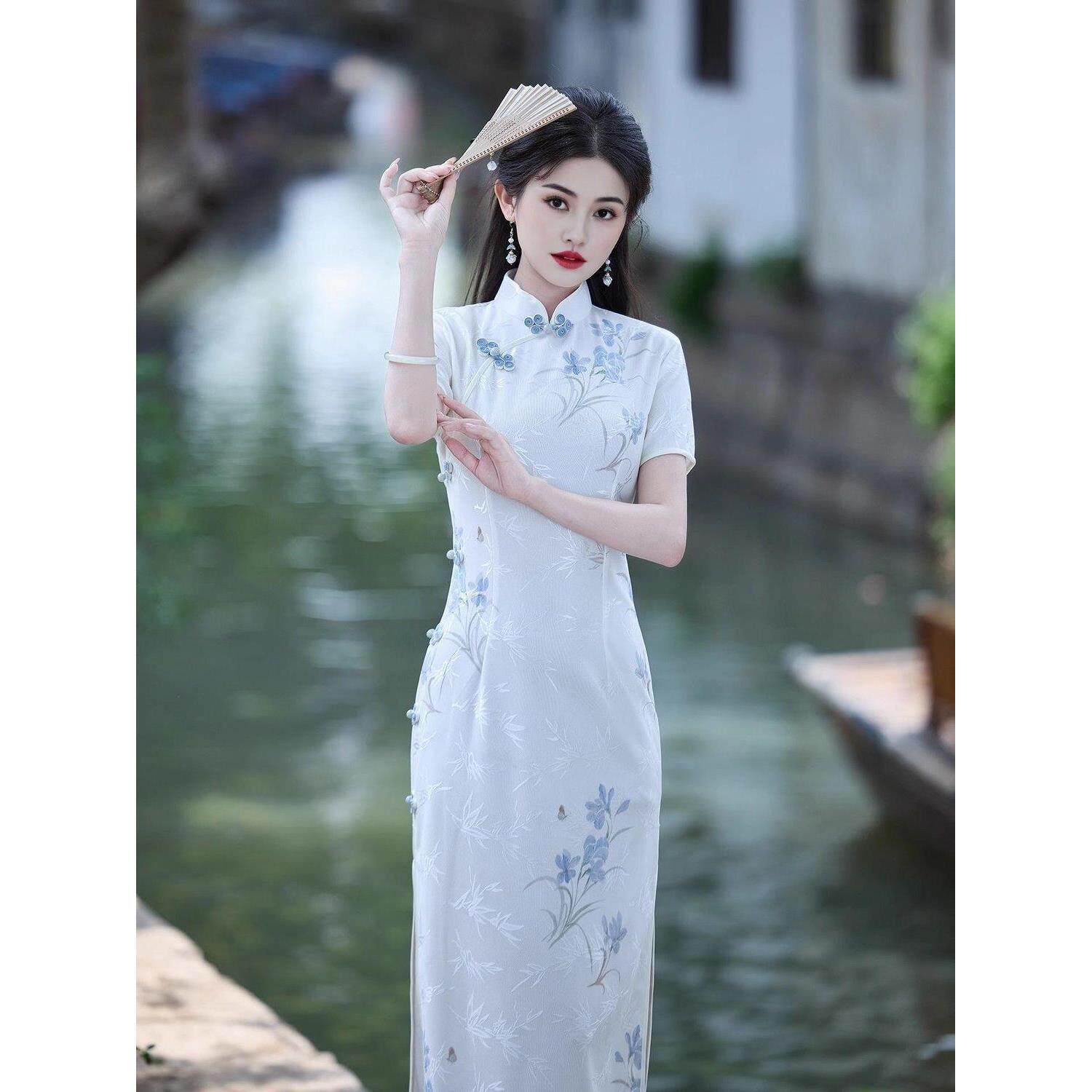 清新旗袍改良版连衣裙新款素雅感中式日常白色旗袍裙绝美气质年轻
