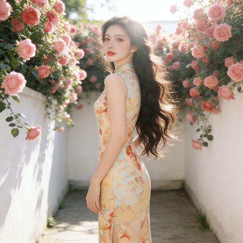 夏季修身敬酒旗袍礼服绝美新款花卉订婚无袖改良版感浅杏显瘦氛围