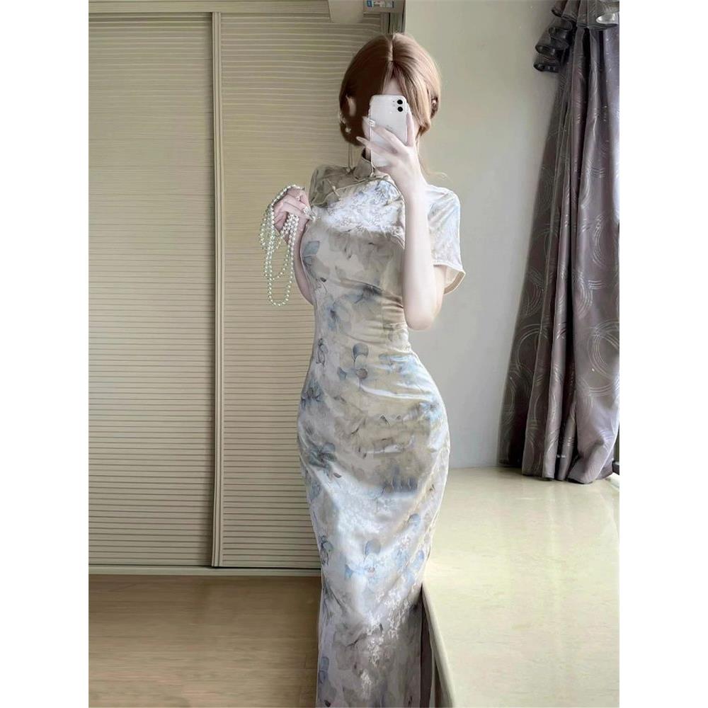 风中式国风水墨裙子气质短袖款复古中长款年轻温柔旗袍新女印花