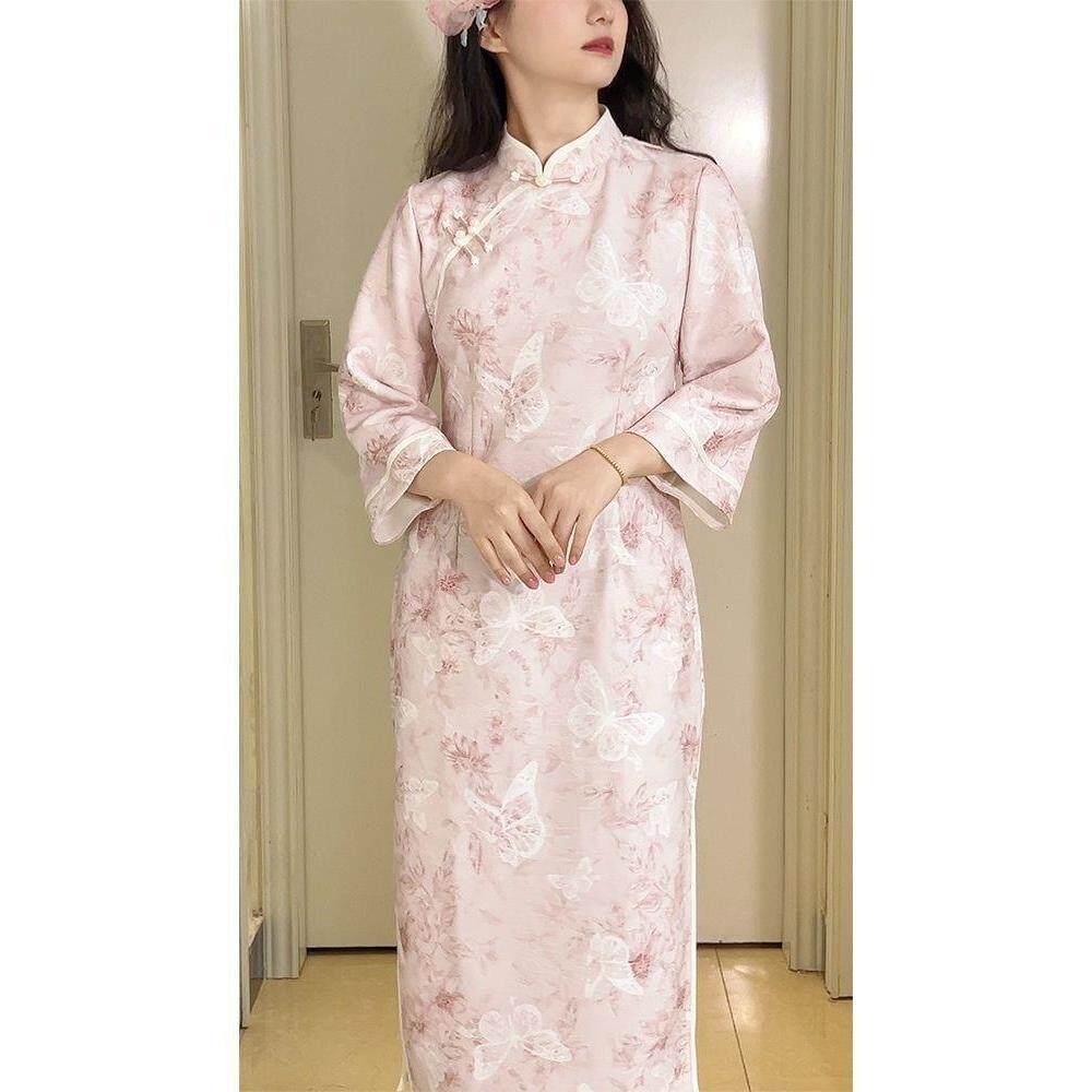 春秋季气质新款连衣裙淑女旗袍粉色改良倒大袖国风五分袖提花复古