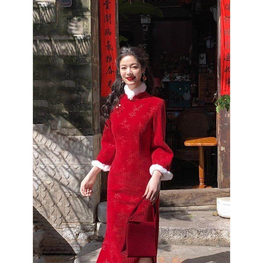 红色旗袍中长氛围国风过年旗袍裙礼服气质新中式加绒冬季加厚战袍