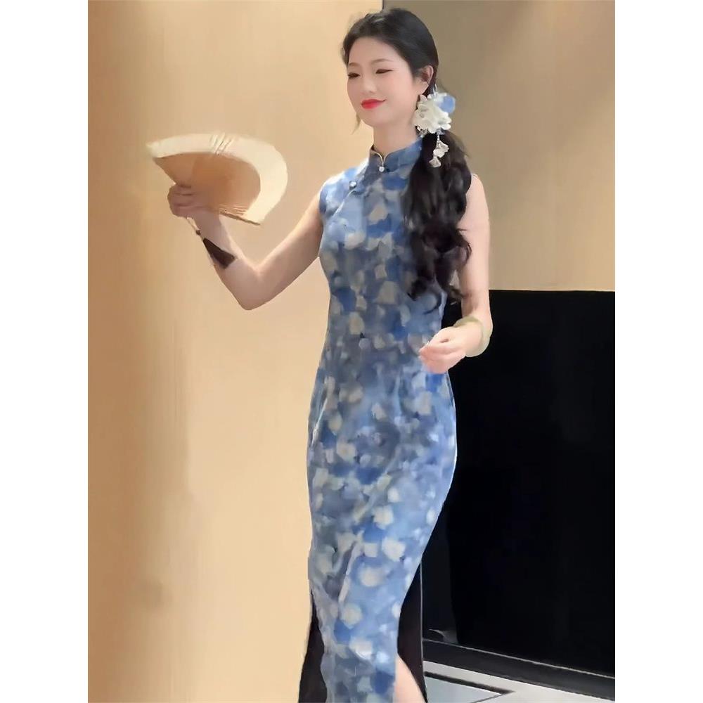 无袖中长款绝日常复古风女中式连衣裙美国蓝色旗袍印花新改良气质