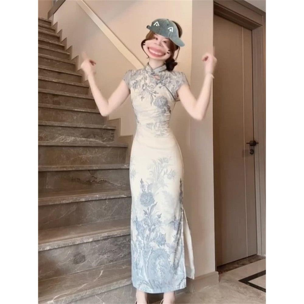 新显瘦青花瓷复古旗袍裙名媛国风中式修身宴会礼服中长款连衣裙图片