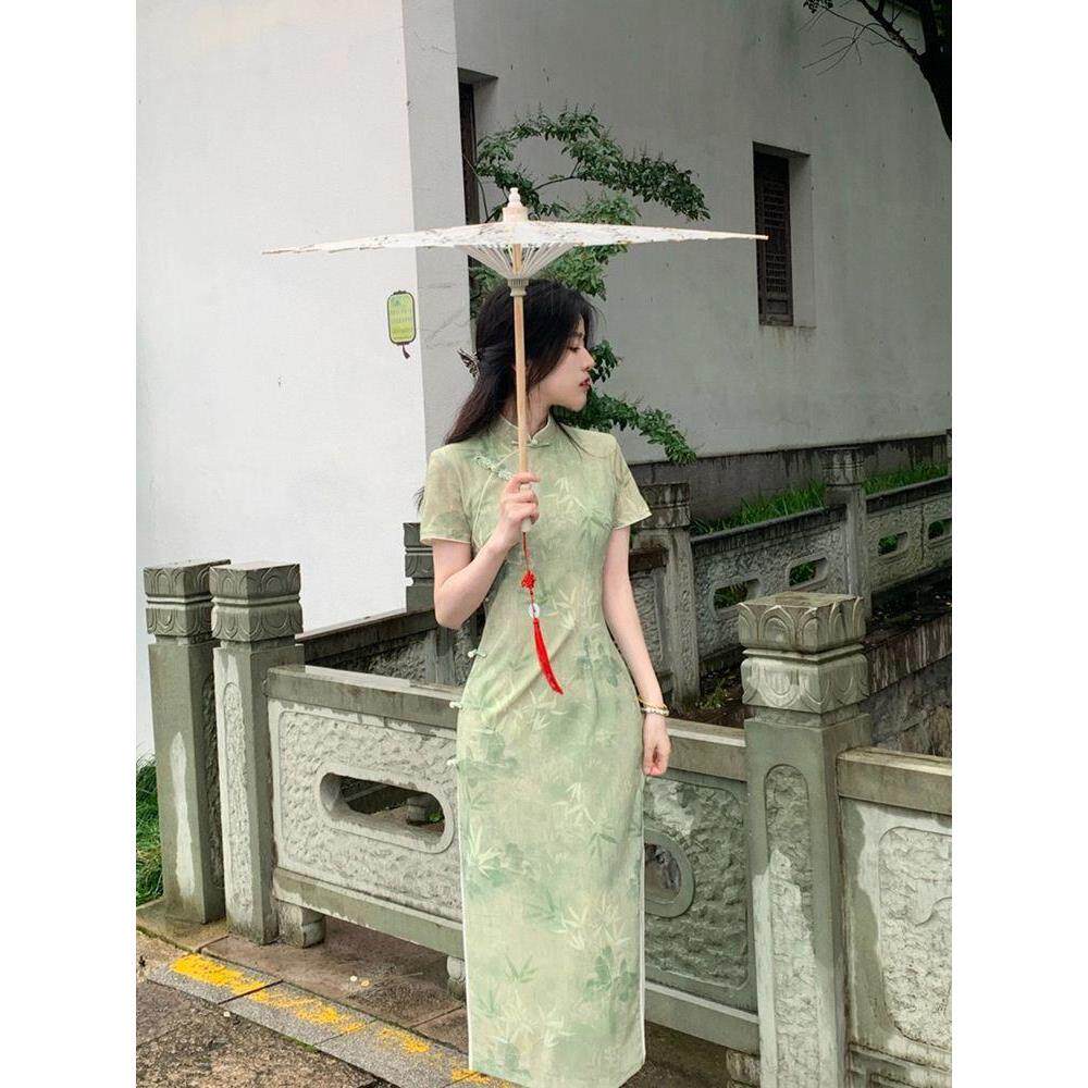 国风气质绿千山新中长款竹影新款收腰夏季中式连衣裙旗袍气质改良