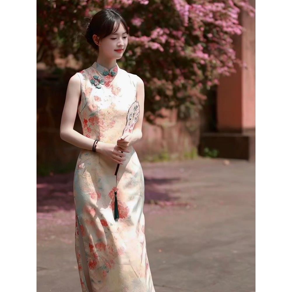 中长款绝美宴会花卉名媛修身显瘦连衣裙旗袍裙民国复古风浅杏礼服