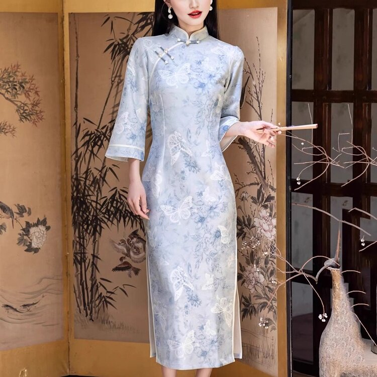 新中式旗袍裙年轻款蓝色淑女范倒大袖旗袍女2025秋季新款日常绝美