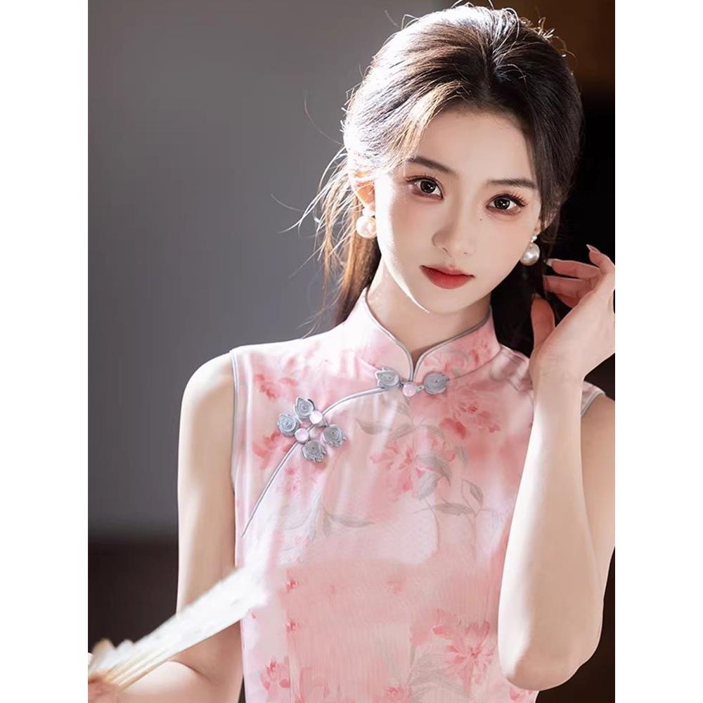 开衩粉色国风中式新连衣裙氛围春夏无袖旗袍新款改良千金感渐变