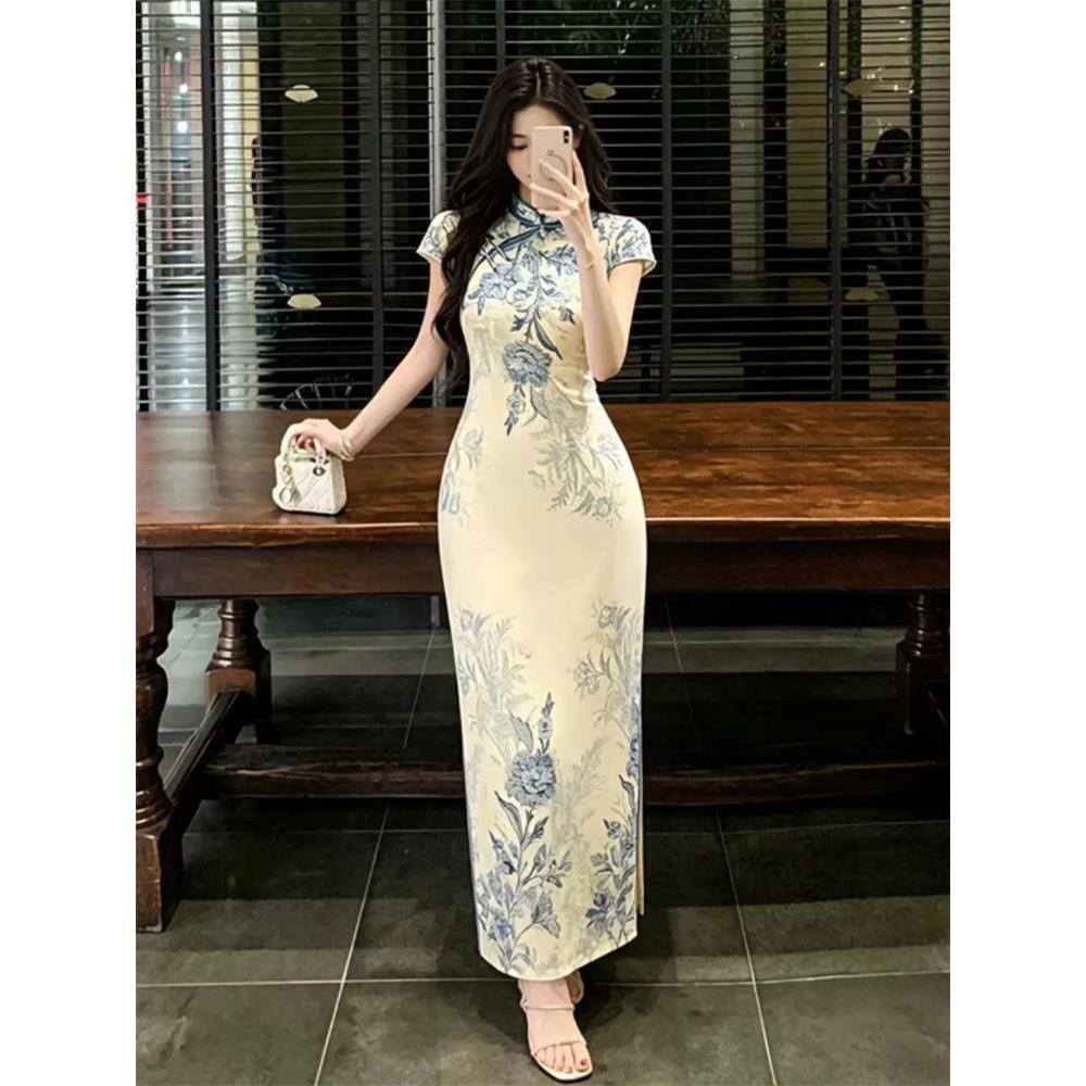 旗袍温柔复古短袖青花瓷送考印花水墨改良版敬酒连衣裙国风礼服图片