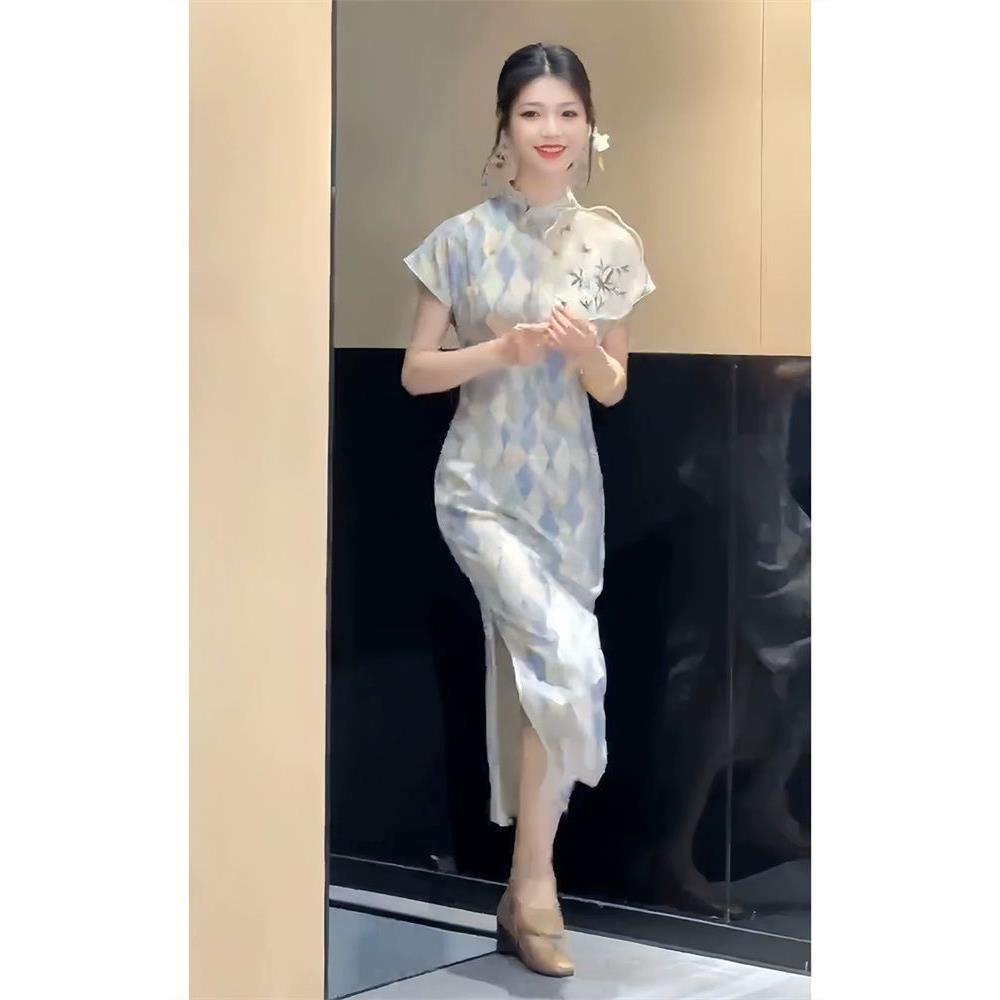 连衣裙短袖中长款旗袍中式名媛礼服高端风菱格修身显瘦新聚会晚会