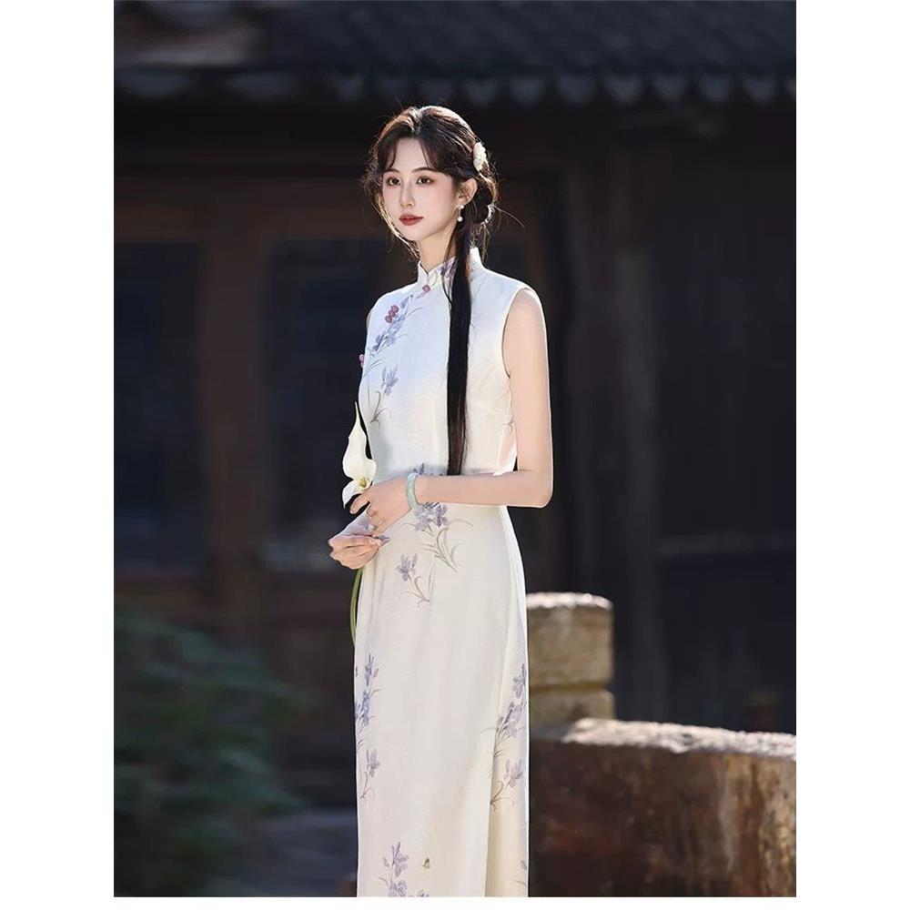 修身显瘦中长款气质无袖中式改良立领盘扣新旗袍女白兰花紫连衣裙