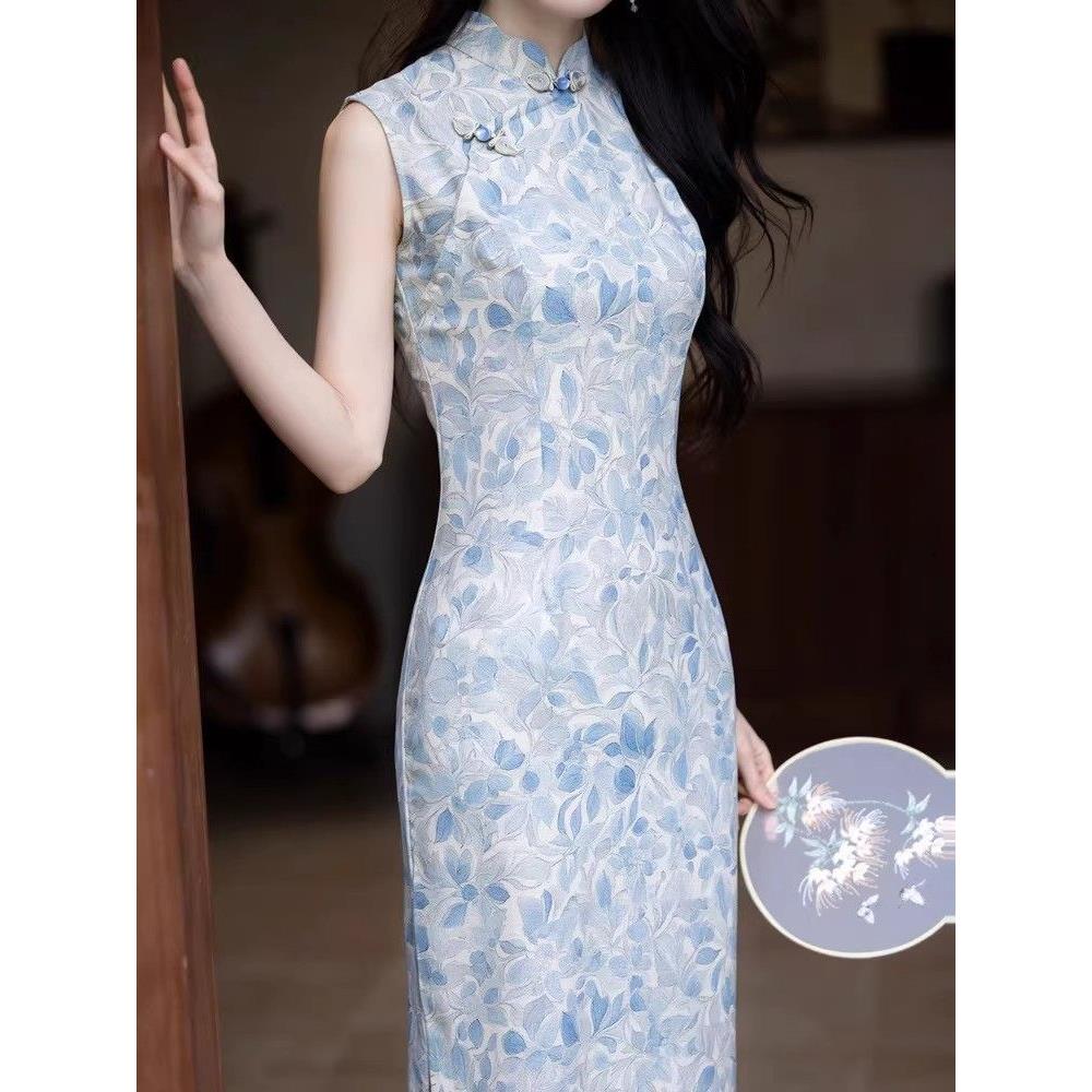 中长款氛围宴会旗袍青花瓷绝美礼服气质修身瘦敬酒无袖感显国风