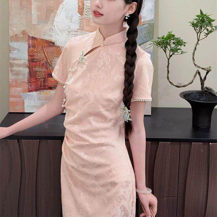 蝴蝶浅粉立体国风连衣裙收褶显瘦写真挂饰提花短袖礼服旗袍领证