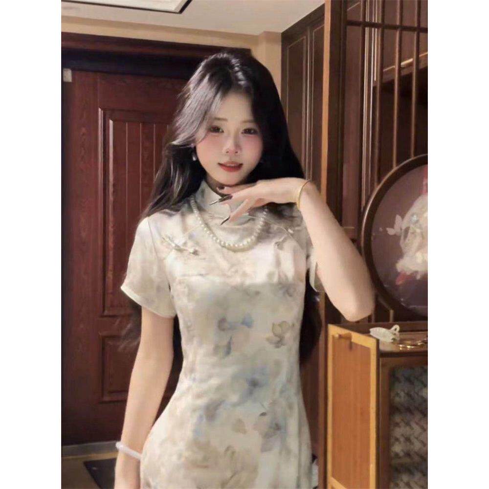 新款气质国风浅杏色新改良淑女中式旗袍裙短袖短袖连衣裙夏季立领