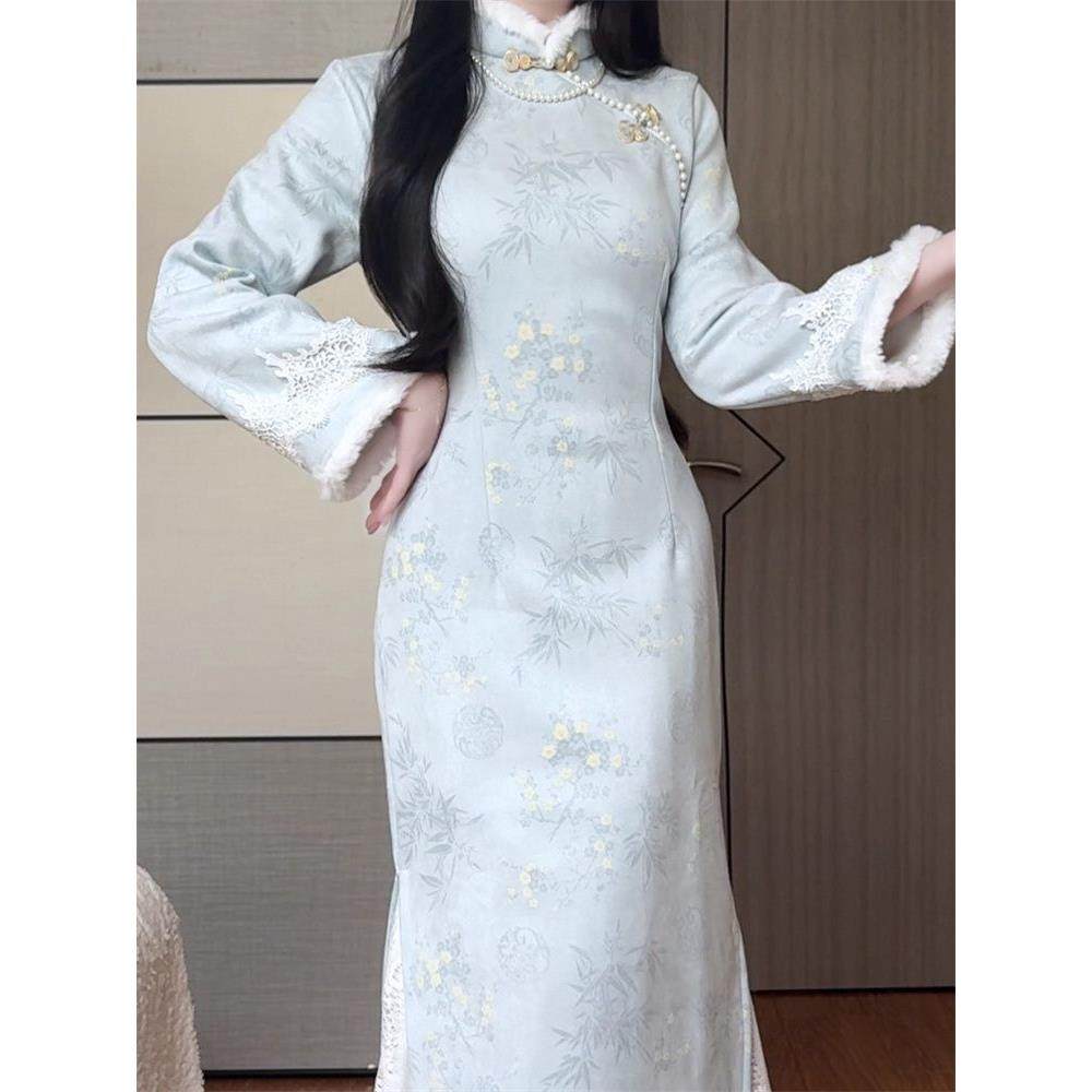 气质蓝色旗袍冬季加绒2025素雅新款中式保暖淑女国风气质连衣裙