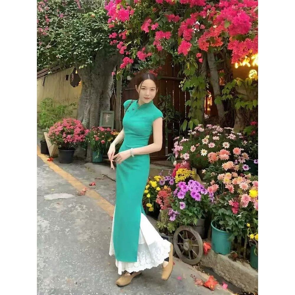 显瘦夏日无袖百搭中长款中式湖绿复古街拍旗袍出游气质新连衣裙