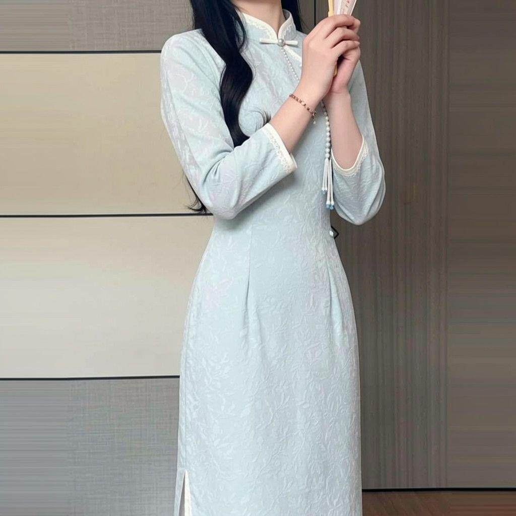 春秋新款新中式七分袖改良旗袍复古提花休闲绝美气质国风连衣裙
