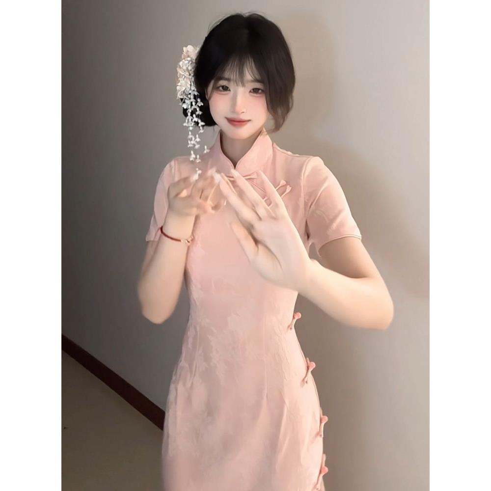 风短袖温柔旗袍中长款收腰氛围感少女民国连衣裙日常感粉改良版