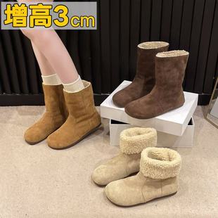 【隐形增高3cm】两穿保暖雪地靴2025秋冬新款毛毛鞋复古加绒短靴