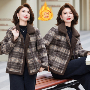 冬季羊羔毛格子毛呢短款加厚外套