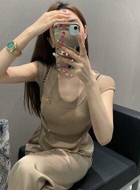 u领针织T恤女夏款显瘦显白短袖上衣+缎面休闲运动裤套装两件套