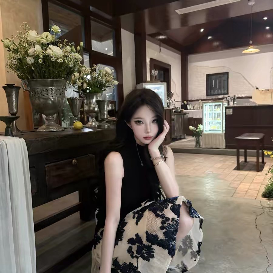 AWMUMU法式名媛风蓝色刺绣花朵半身裙女修身显瘦高腰蓬蓬裙短裙子图片