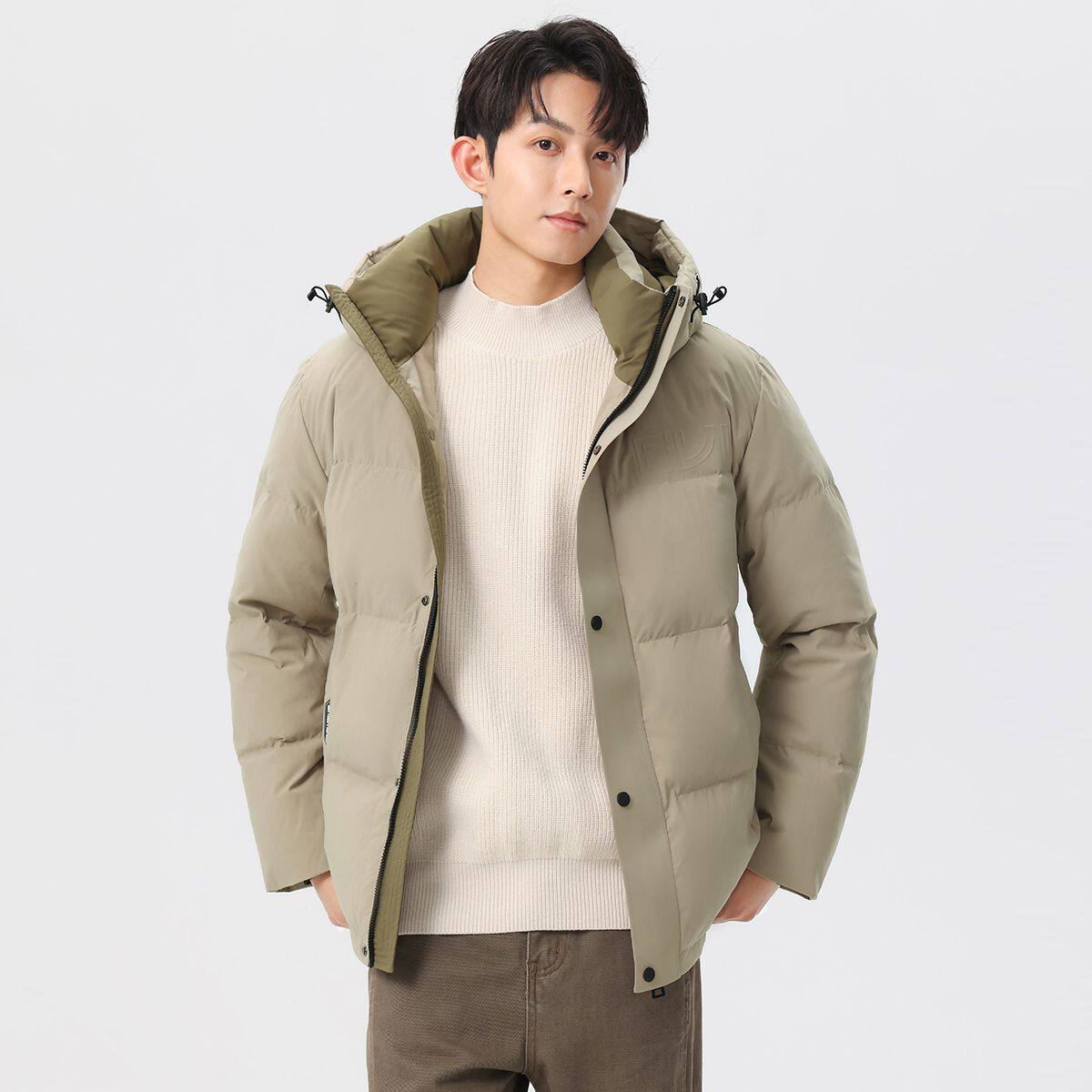90白鸭绒连帽羽绒服男2024新款撞色加厚保暖面包服夹克外套