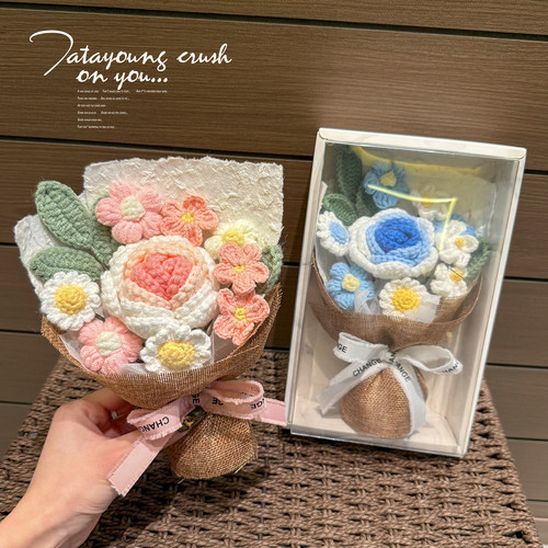 毛线手工玫瑰花束成品礼盒