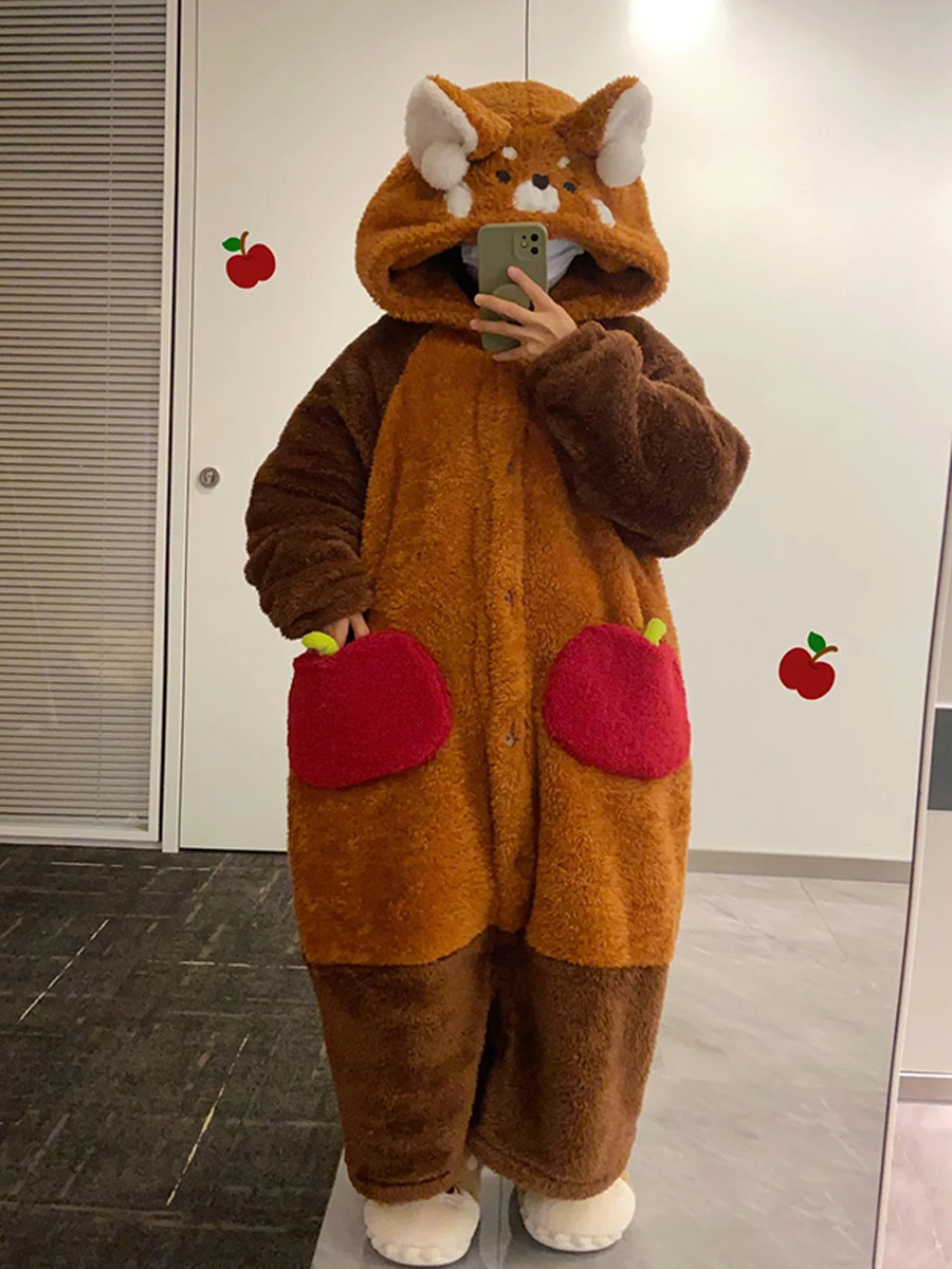 레드 팬더 커플 잠옷 가을 겨울 산호 벨벳 플러스 벨벳 두꺼운 대형 원피스 잠옷 남성용 홈 의류 세트