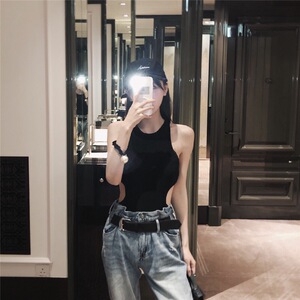 NINASTUDIO  竖条纹坑条 腰部挖空A4腰 bodysuit性感针织连体衣