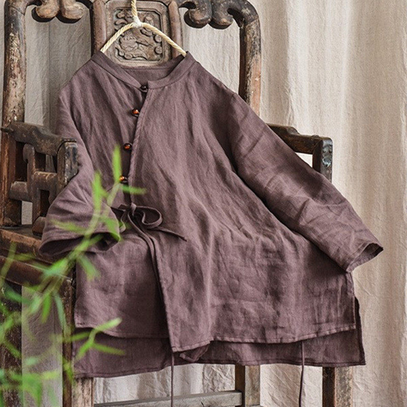 斜襟咖色禅意茶服民族风女式衬衫