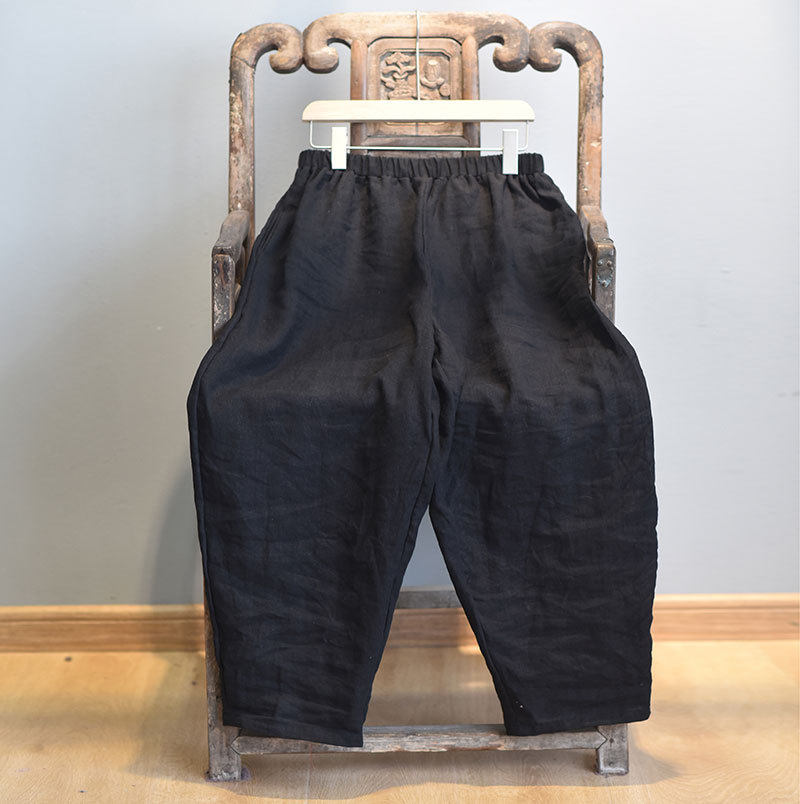 夏季薄款原创亚麻休闲九分裤女宽松文艺阔腿裤春秋大码萝卜裤黑色