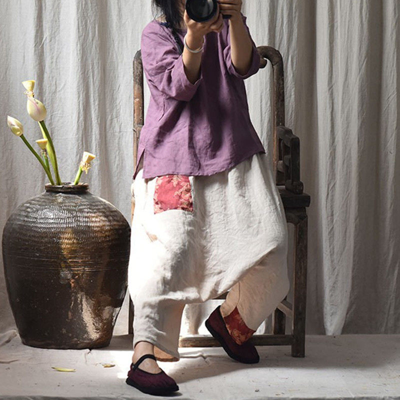 吕家小院棉麻女装夏季文艺复古纯苎麻上衣薄款圆领棉麻T恤衫长袖
