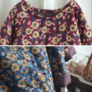 民族风棉袍女冬季复古小碎花磨毛纯棉印花连衣裙薄款夹棉袍子圆领