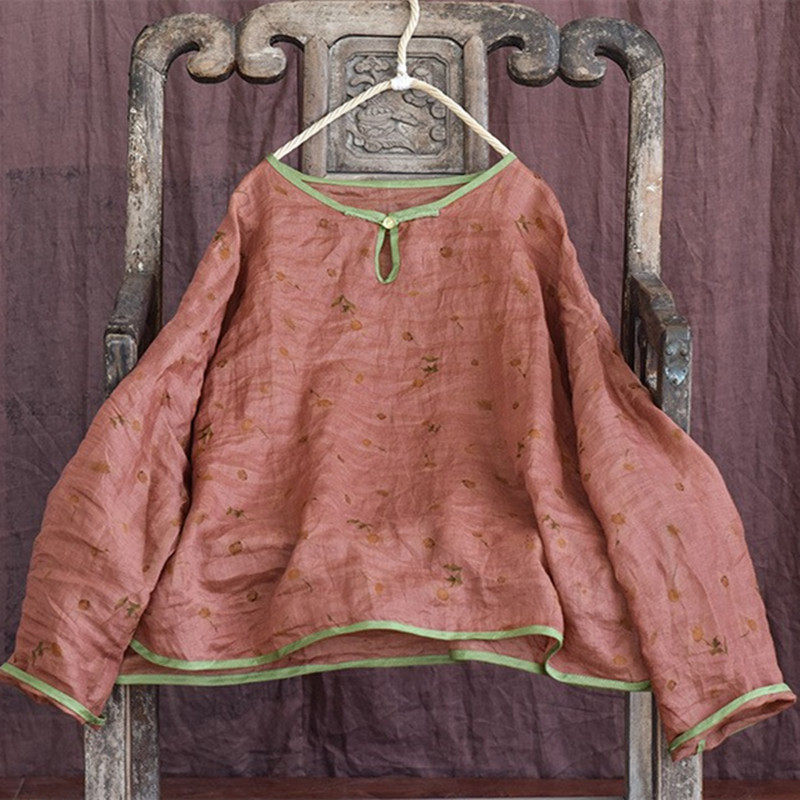 夏季薄款苎麻衬衫女日常改良盘扣上衣长袖T恤棉麻印花娃娃衫甜美