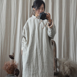 民族风棉衣服女中式复古立领中长款棉袍民国风旗袍裙薄款苎麻宽松