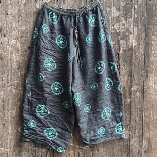 印花亚麻九分裤女薄款透气舒适阔腿裤秋夏季花布裤子奶奶裤妈妈裤