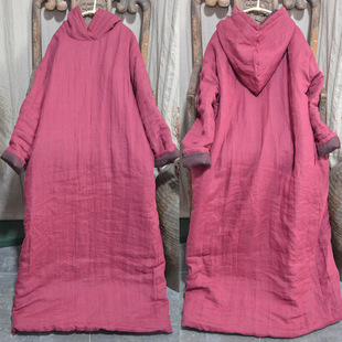 加长款棉袍女棉麻袍子秋冬夹棉复古连帽民族风连衣裙棉袄居家睡袍