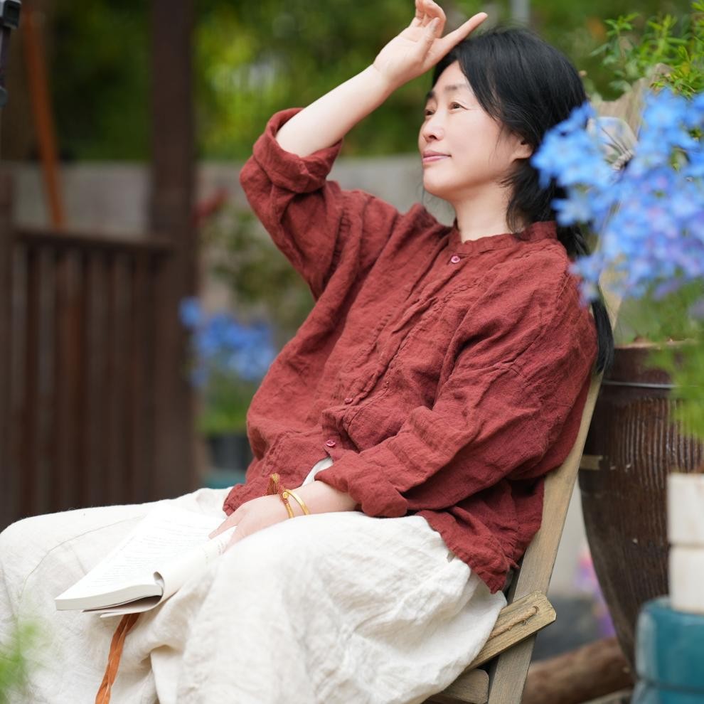 文艺风亚麻宽松九分袖衬衫女