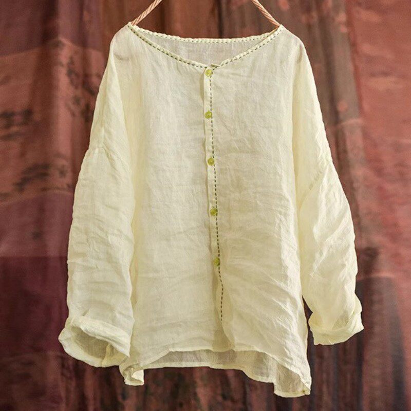 简约宽松纯色文艺女装秋夏季长袖衬衫苎麻上衣轻薄款清凉小衫开衫