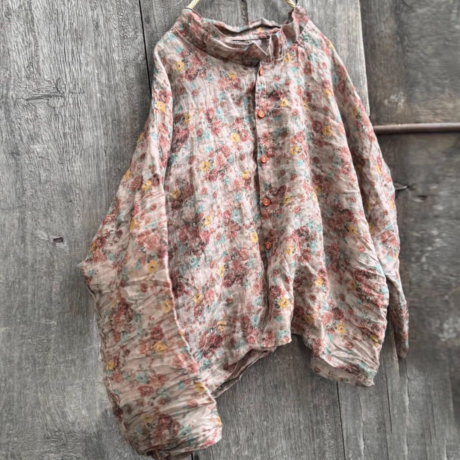 苎麻禅意佛系女装秋夏轻薄款苎麻立领小翻领上衣长袖防晒印花衬衫