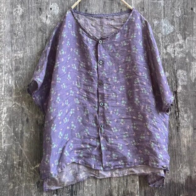 复古碎花苎麻短袖衬衫女松弛感