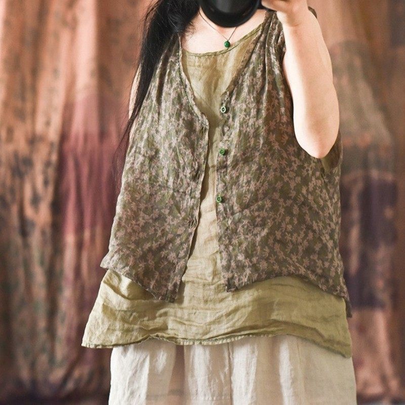 苎麻小坎肩秋夏季叠穿外搭薄款小外套女马甲文艺复古碎花毛边背心