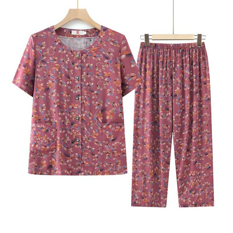 夏季中老年妈妈奶奶开衫纽扣家居服宽松大码棉绸短袖裤子套装