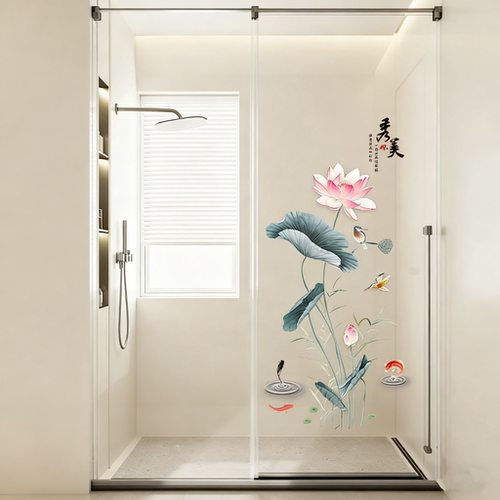 卫生间莲花防水墙贴画厕所玻璃推拉门双面防撞荷花鲤鱼九鱼净秽图