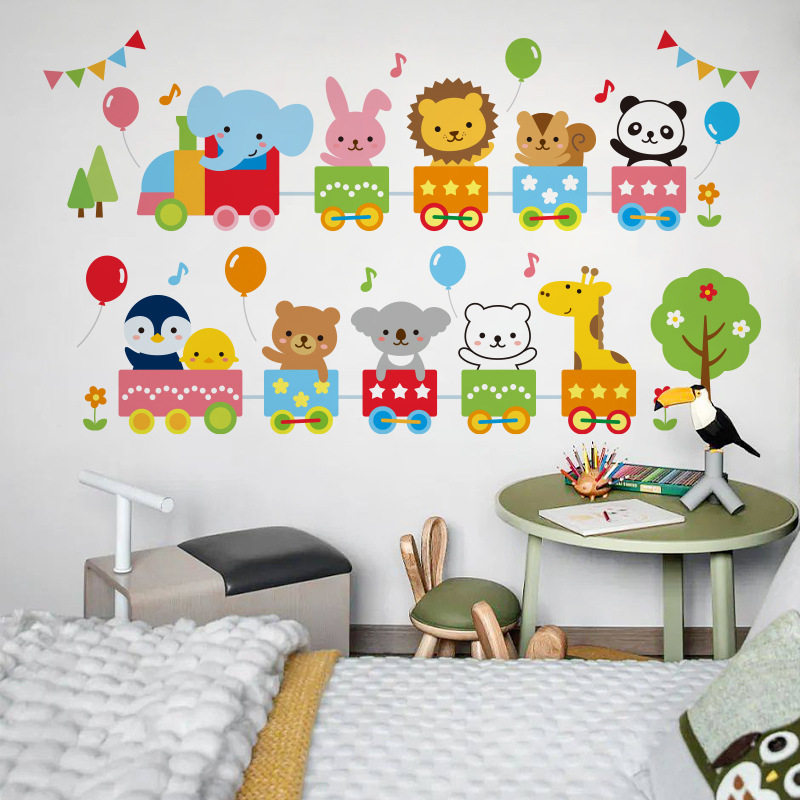 新款儿童房卡通墙贴火车动物园大象兔子托班小班大班幼儿园可爱贴