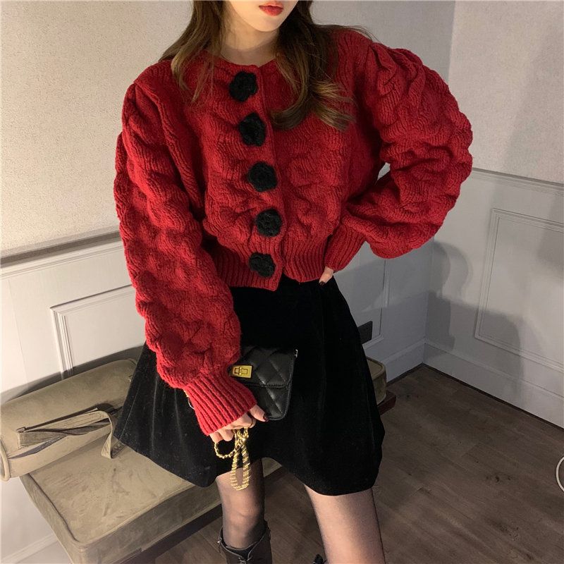 Real price Korean chic temperament versatile loose three-dimensional flower breasted bubble sleeve sweater coat