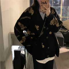 Real shot real price Korean version loose and lazy style young bear thickened knitted sweater cardigan coat