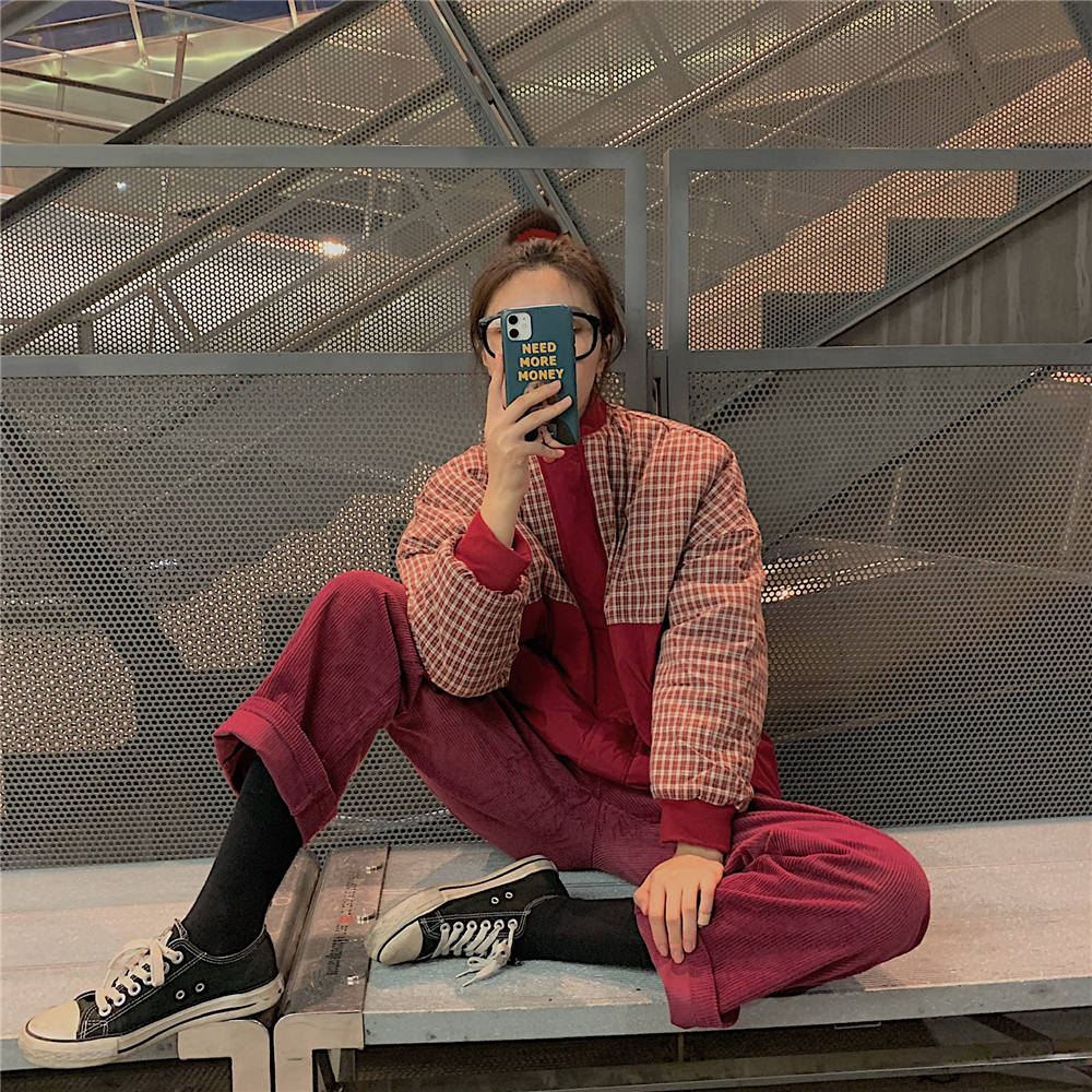 Real price autumn and winter Korean version thickened Plaid stitching cotton padded jacket + high waist corduroy casual pants
