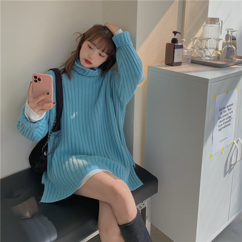 Real shot real price winter Korean languid style loose split thick high neck pit stripe sweater