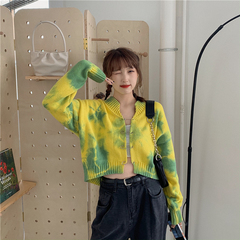 實拍實價 秋季韓版個性百搭設計感扎染長袖針織開衫毛衣外套